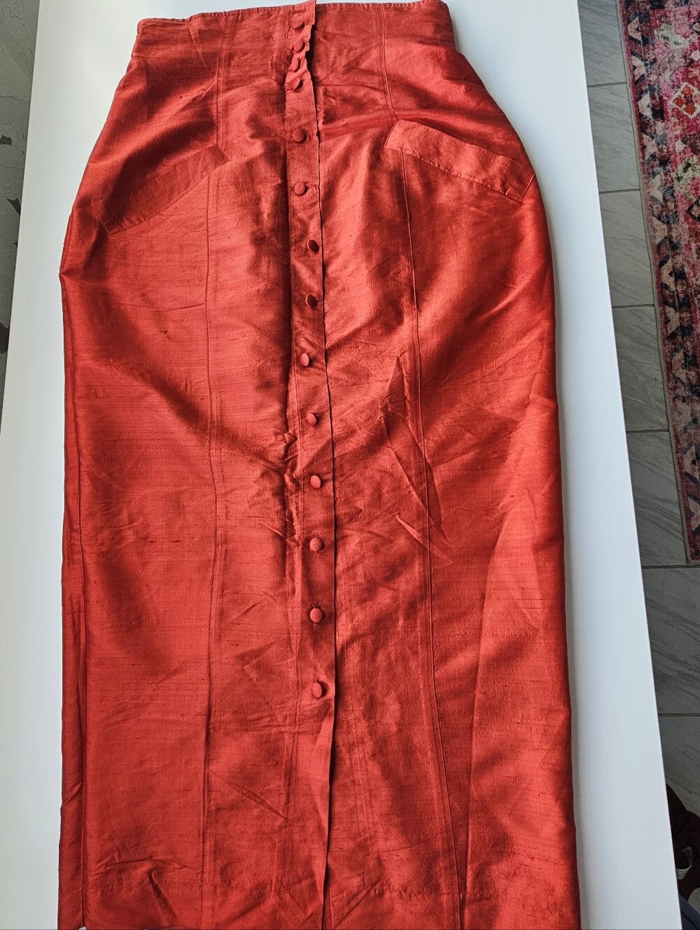Chacok France Carmen Silk Orange Red High Waisted Button Down Midi Skirt - Picture 7 of 9
